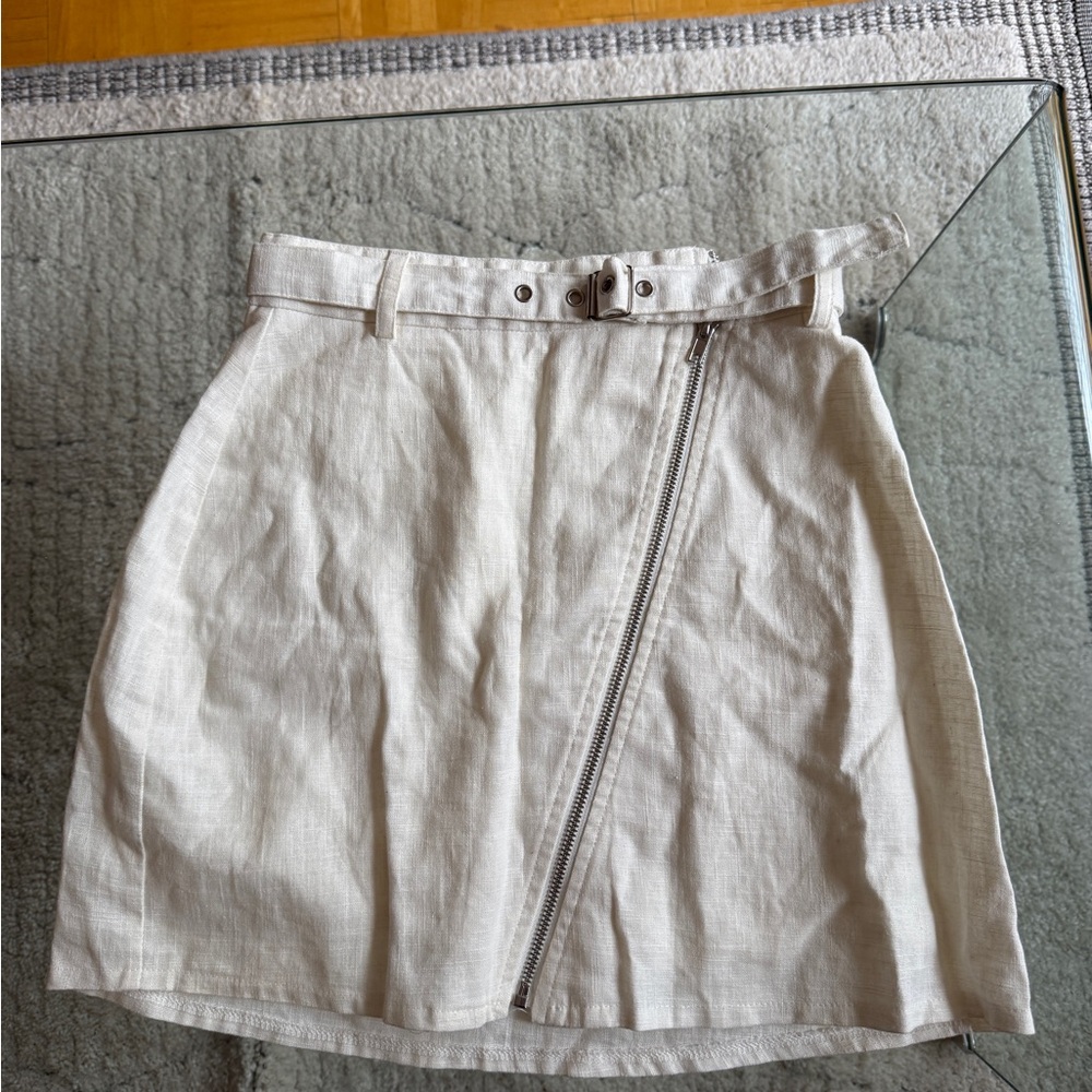 SOLD - Vrg Grl Linen/Cotton Belted White asymmetric zipper Mini Skirt